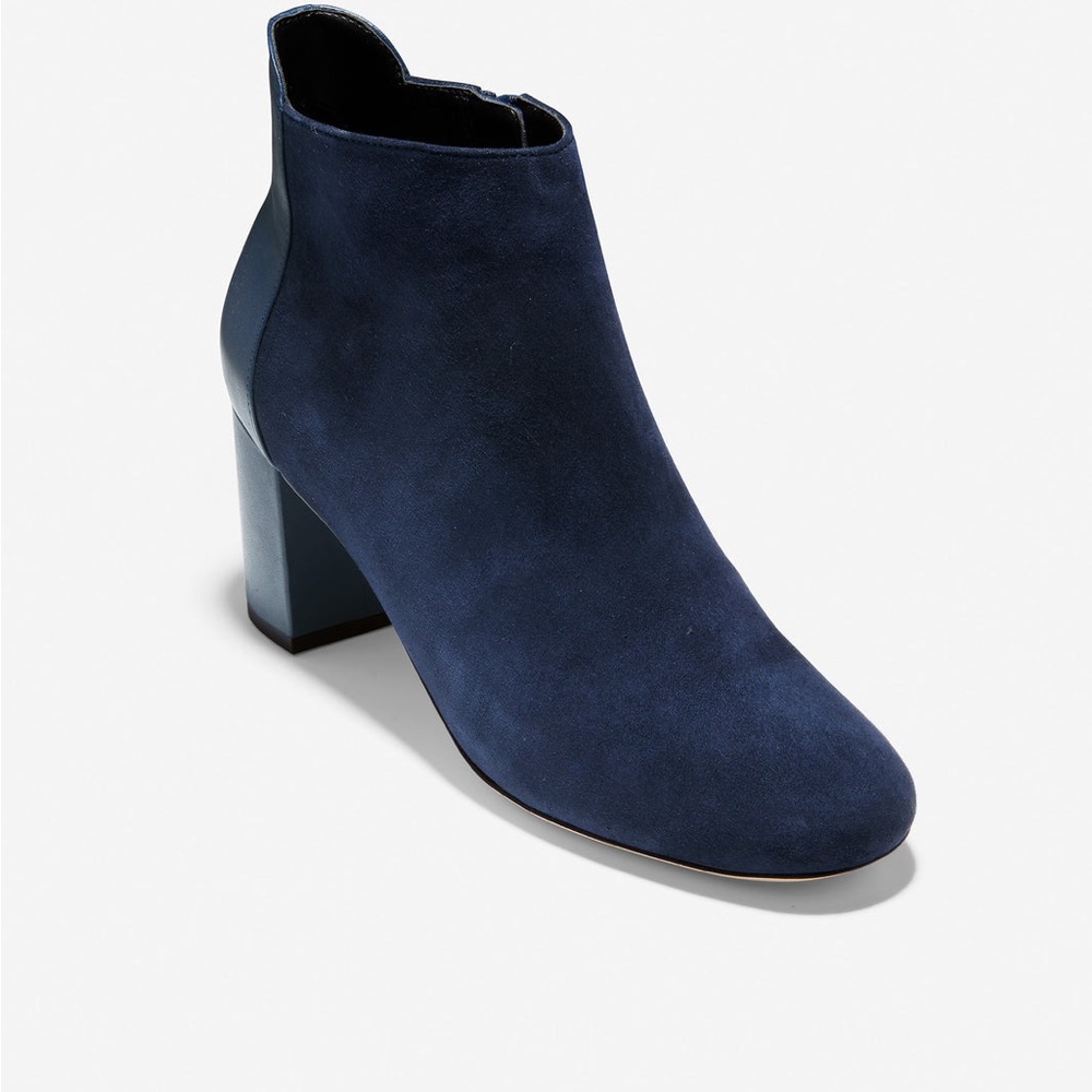 Cole Haan Suede Marine Blue Navy Nellie Block Heel Ankle Bootie 7 Cushioned